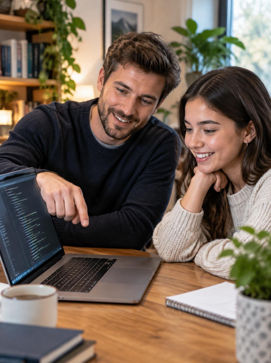 Mentor explaining a coding concept to a student on a laptop screen