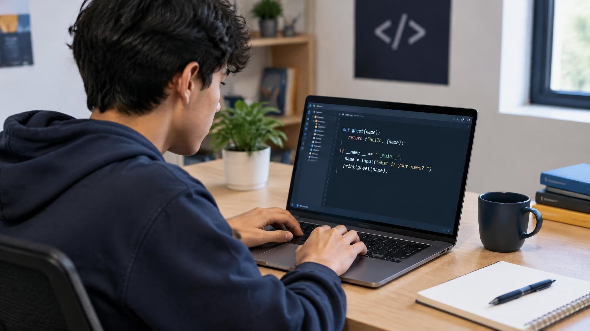 young person coding on laptop