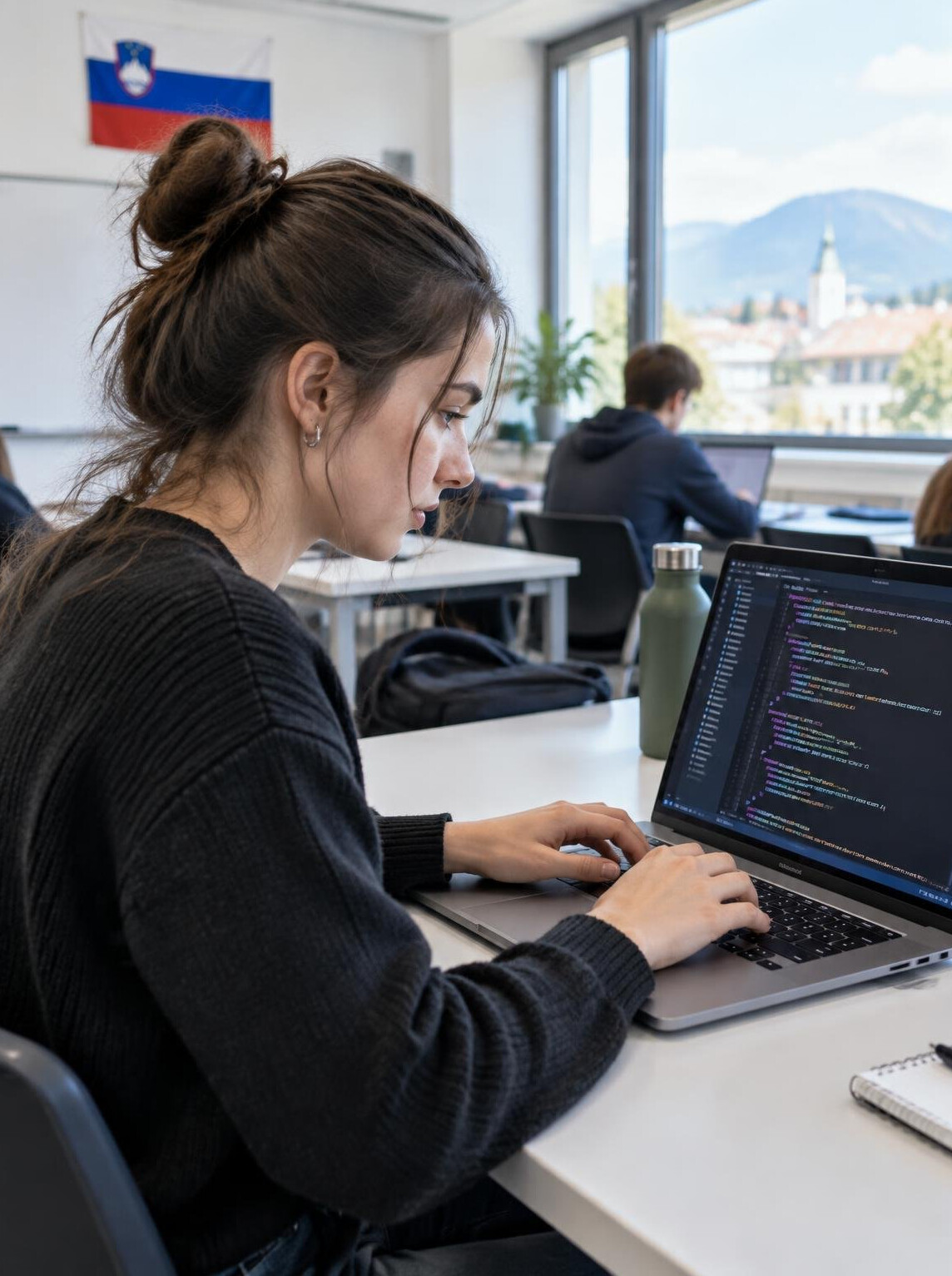 Young developer typing code on a laptop in a bright modern classroom