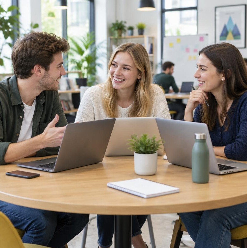 Team of young developers collaborating around laptops
